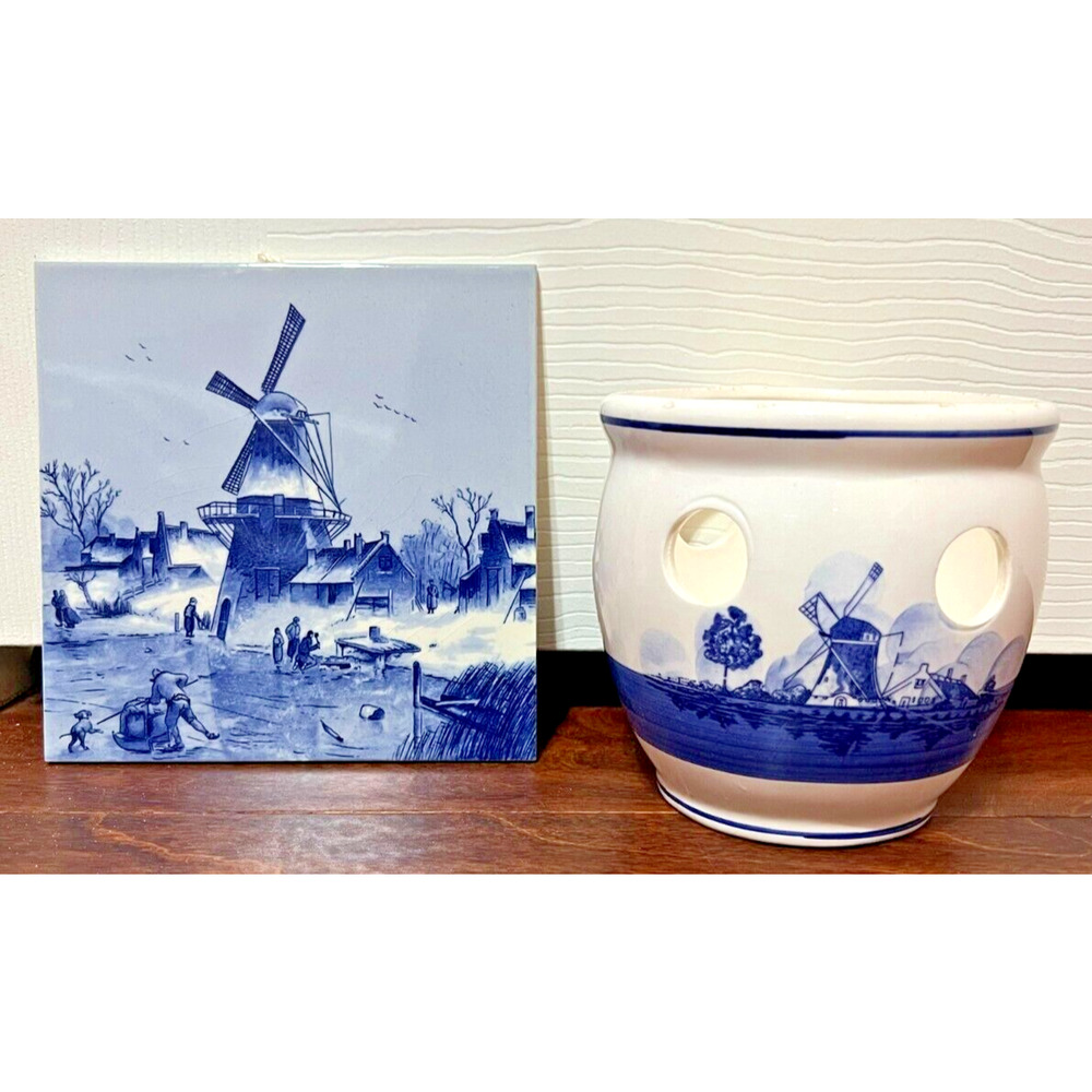 Delft Hand Painted Glazed Ceramic Windmill Tile Holland and Windmill Planter
